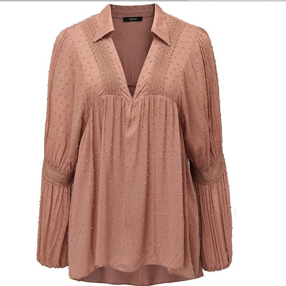 Women's SM Long Sleeve V Neck Swing Tunic Top Peasant Blouse Top Boho Hippy